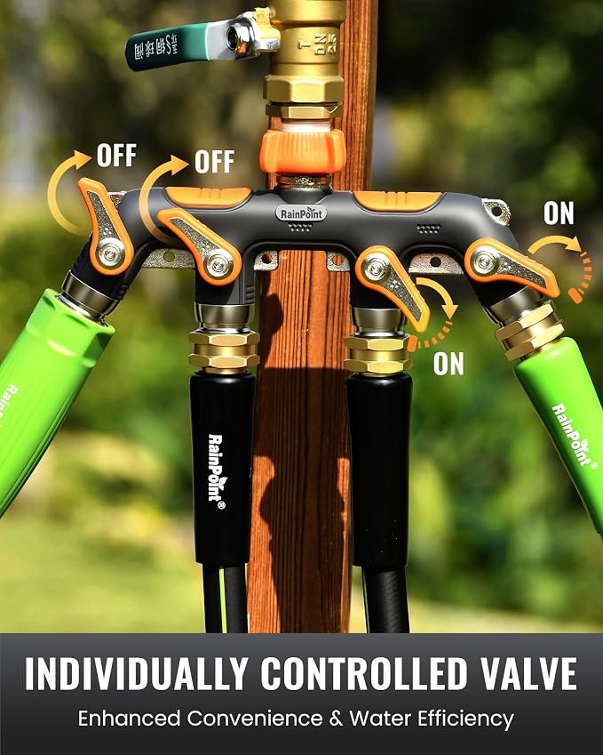RAINPOINT 4 Way Garden Hose Splitter, 100% Metal Heavy Duty Water Hose Splitter with Individual Shut-Off Valves, 3/4" GHT High Flow Outdoor Faucet Splitter, 1.81" Extra Long Handle (Orange)