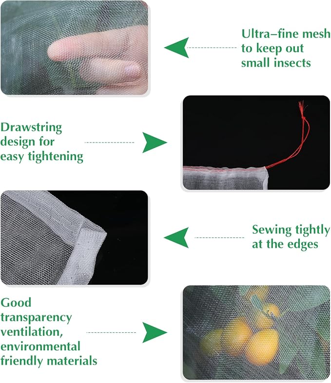 Kikhope 10 Pcs Garden Mesh Netting - 29"x21" Insect Bird Netting Pest Barrier Bags with Drawstring -Plant Fruit Protection Bag for Fruit Trees & Tomato Plants, Blocks Birds, Squirrels & Insects