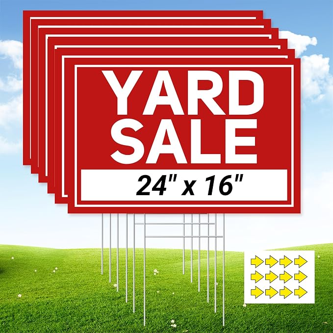 6 Pcs Yard Sale Signs with Stakes, Extra-Large Foldable Yard Sale Sign 24" x 16", Double-Sided Waterproof Business Signage for Yard Sale Kit and Supplies
