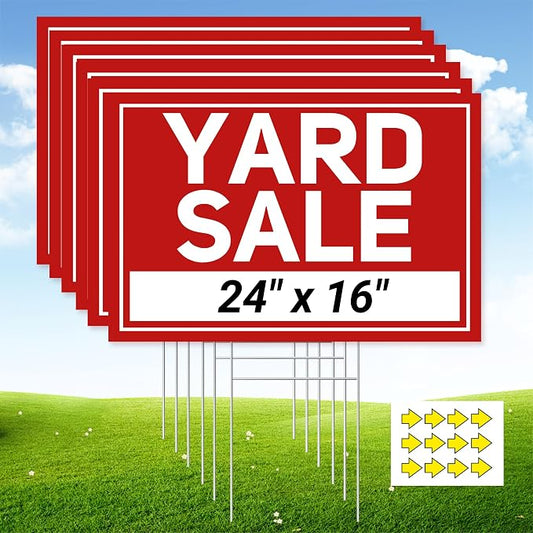 6 Pcs Yard Sale Signs with Stakes, Extra-Large Foldable Yard Sale Sign 24" x 16", Double-Sided Waterproof Business Signage for Yard Sale Kit and Supplies