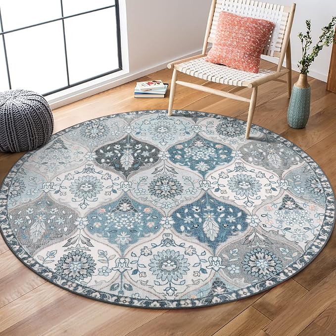 Lahome Moroccan Washable Round Rug, Soft Vintage Small Round Rug 3ft | Non-Slip Ultra-Thin Distress Circle Carpet for Entryway Bathroom Bedroom Kitchen Elise, Blue
