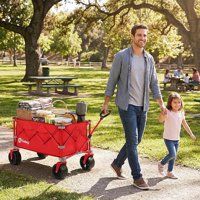Sekey 250L Wagons Carts Foldable with Big All-Terrian Beach Wheels, Collapsible Heavy Duty Wagon, Extra Large Folding Wagon,Foldable Wagon for Camping, Garden, Sports. Red