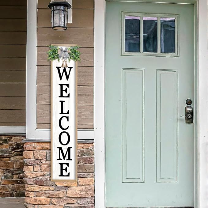 Welcome Sign for Front Porch Standing 45"X9" Large Vertical Farmhouse Outside Front Door Sign Leaner Tall Vintage Outdoor Wreath Patio Garden Wood Framed Decorations (Wood White)