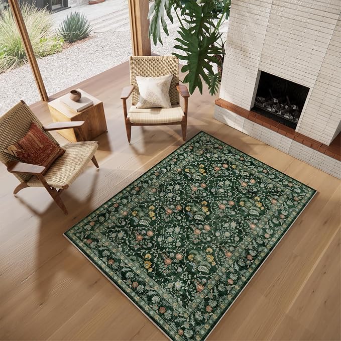 Vintage Botanical Dark Green Area Rug 4x6 Elegant Floral Pattern, Durable Stain-Resistant Fabric, Perfect for Living Room, Bedroom, Dining Room Decor