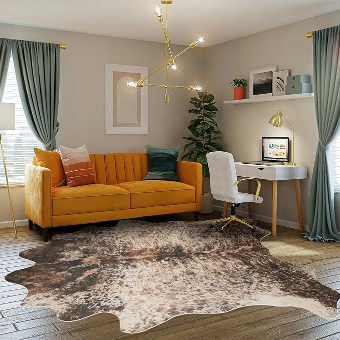 Brown Faux Cowhide Rug 4.6x5.2ft Washable Cowhide Rug | No-Slip Low Pile Animal Print Western Decor for Living Room Bedroom Kitchen Bathroom-No Fur