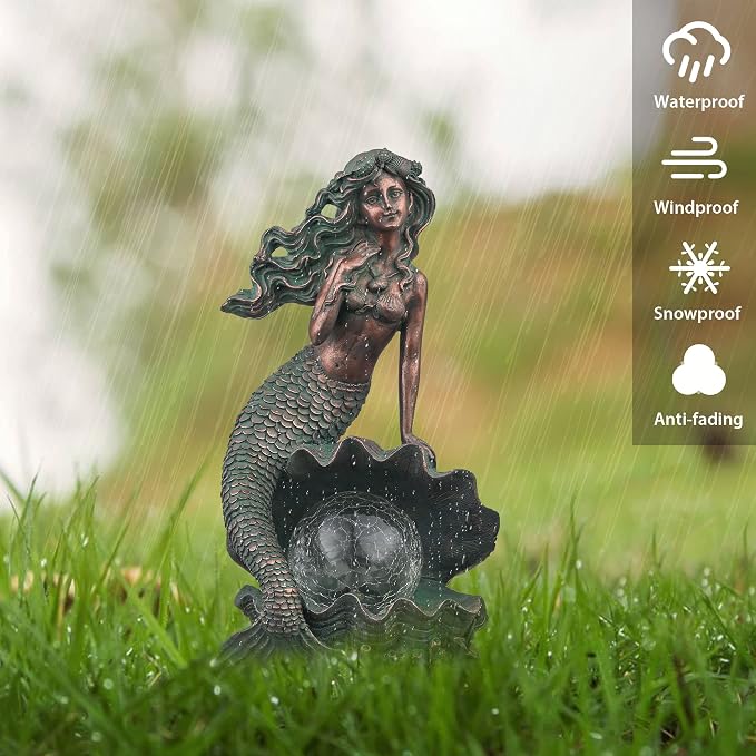TERESA'S COLLECTIONS Mermaid Garden Statues with Solar Outdoor Lights for Outdoor Decor, Bronze Patina Fairy Sculptures & Statues Christmas Decorations, Garden Decor Gifts for Mom Yard Decor, 13"