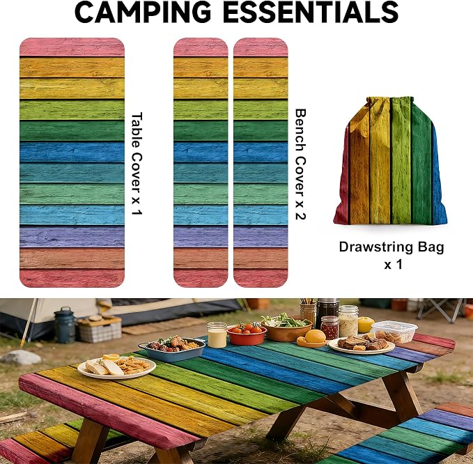 NYZE 3 Pieces Rainbow Stripeds Picnic Table Cover with Bench Covers Set, Elastic Edge Camping Tablecloth, Tablecloth Cover with Drawstring Bag, Camping Essentials for Outdoor Picnics, Patio, BBQ