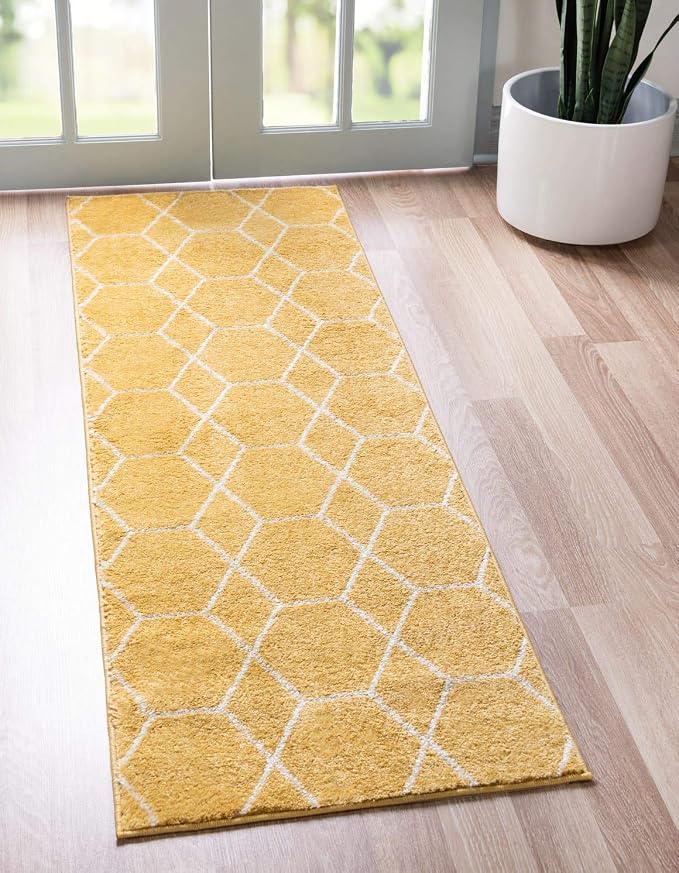 Unique Loom Trellis Frieze Collection Area Rug - Geometric, 2' x 6' Runner, Yellow/Ivory