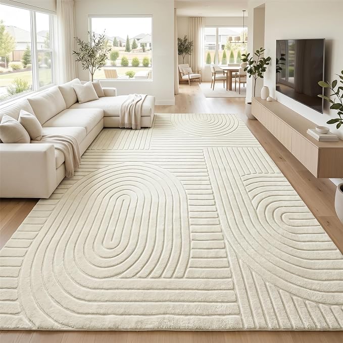 Beige Solid Area Rug 9x12 Large Washable Soft Rugs for Living Room | Modern Geometric Boho High-Low Pile Textured Fluffy Non Slip Carpet for Bedroom, Dining Room, Kids Room, Apartment, Office