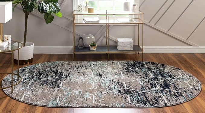 Unique Loom Trellis Frieze Collection Area Rug - Geometric (5' x 8' Oval, Blue Multi/ Ivory)
