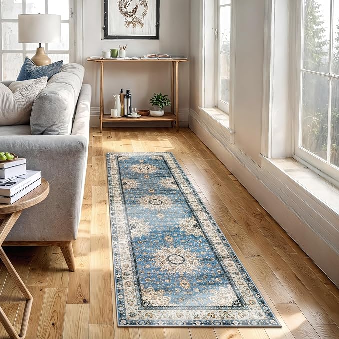 Lahome Felice Oriental Floral Medallion Runner Rug - 2x8 Runners for hallways Bathroom Mat, Non-Slip Washable Indoor Entryway Floor Carpet Runner for Hall Kitchen Foyer Front Door