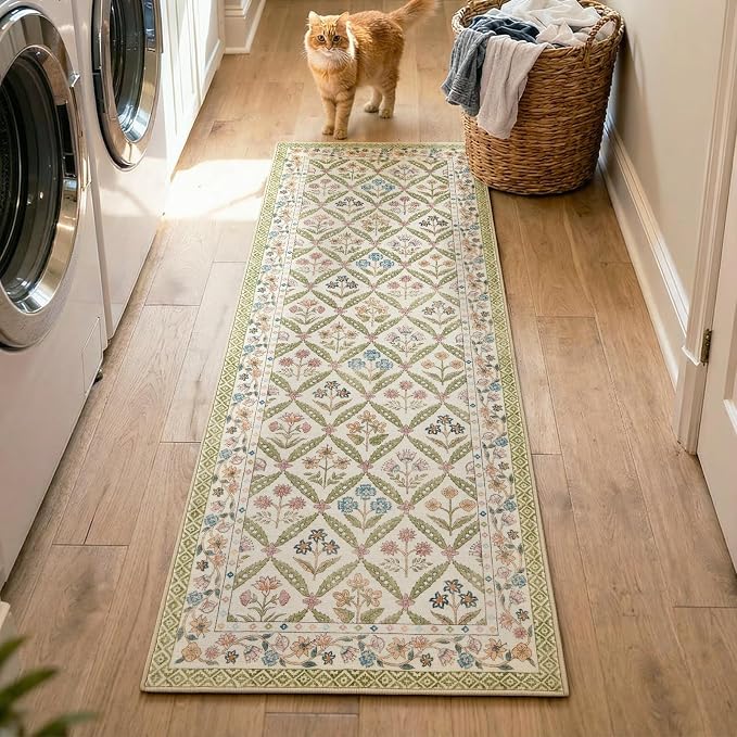 jinchan Runner Rug 2x6 Vintage Floral Washable Hallway Area Rug, Sage Green | Soft & Lightweight, Checkered Floral, Low Pile, Non Slip, Entryway, Kitchen, Bedside, Laundry Room, Cottage Decor