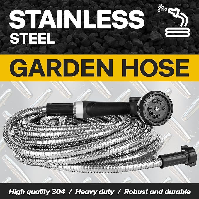 2024 Metal Garden Hose 75ft Heavy Duty Stainless Steel Water Hose with Sprayer & Metal Fittings Flexible Lightweight Hose Puncture Proof Hose for Yard, Outdoors, Rv