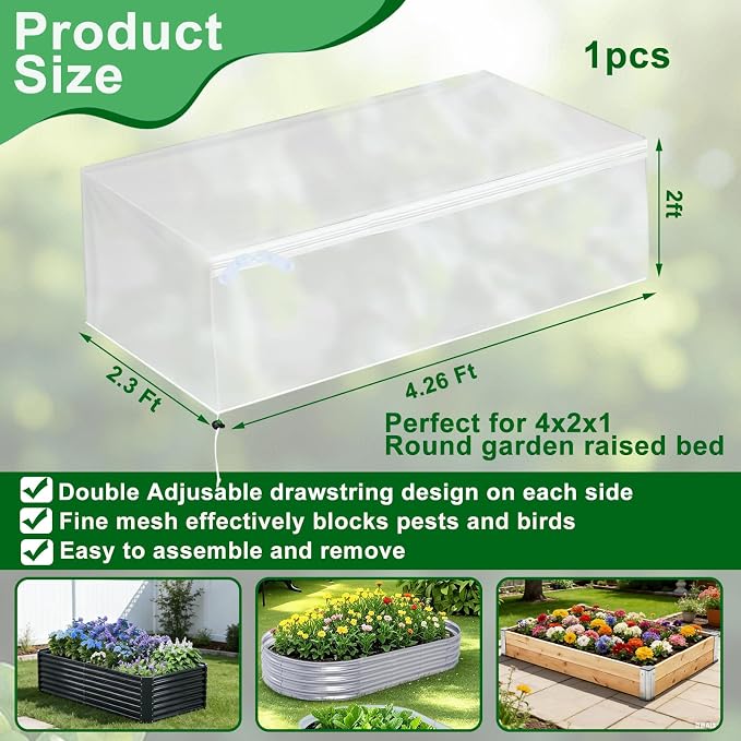 1 Pack Garden Netting for Raised Beds, Fine Mesh Bird Netting Barrier Screen with Zipper Drawstring Garden Bed Plant Cover for Protect Vegetable Fruits Crop from Animals Pest Insect, 4.3×2.3×2Ft