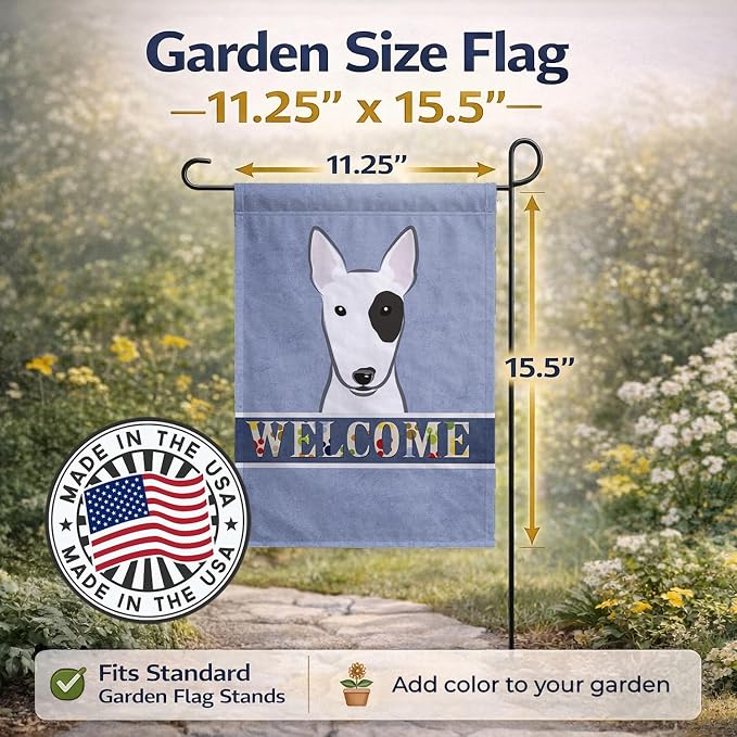 Caroline's Treasures BB1395GF Bull Terrier Welcome Garden Flag, Blue Mailbox Flag Decorative Yard Flag Banner Outside Patio Artwork Yard Flower Beds, Garden Size, Multicolor