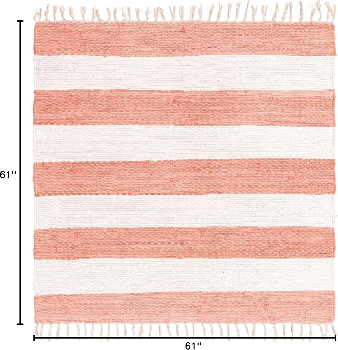 Unique Loom Chindi Rag Collection Area Rug - Striped (5' 1" Square, Coral and Ivory)
