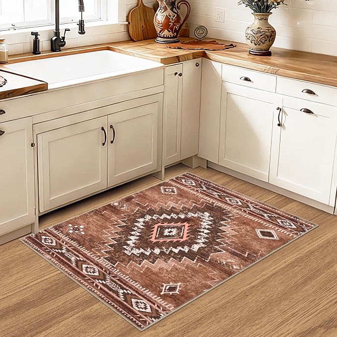 Yinhua Western 2x3 Rug Non-Slip, Aztec Entryway Area Rug Washable | Moroccan Lightweight Door Rugs Low-Pile, Brown Small Rugs with Rubber Backing for Porch Kitchen Bedside