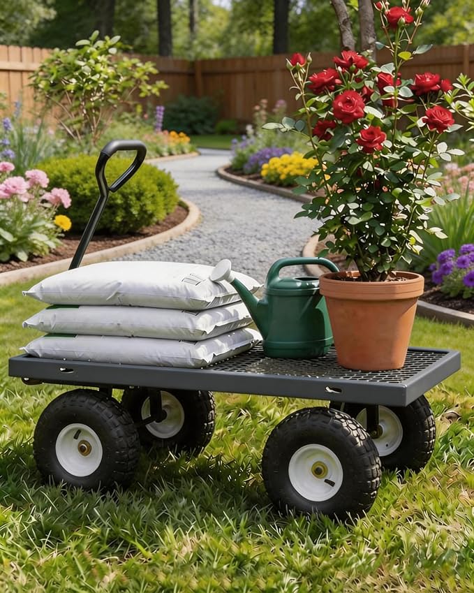 GarveeTech 400LBS Heavy Duty Steel Garden Cart, Garden Wagon Cart on Wheels, Metal Yard Utility Wagon with Removable Mesh Sides, 10" All Terrain Tires, 180° Rotating Handle for Lawn, Garden, Farm