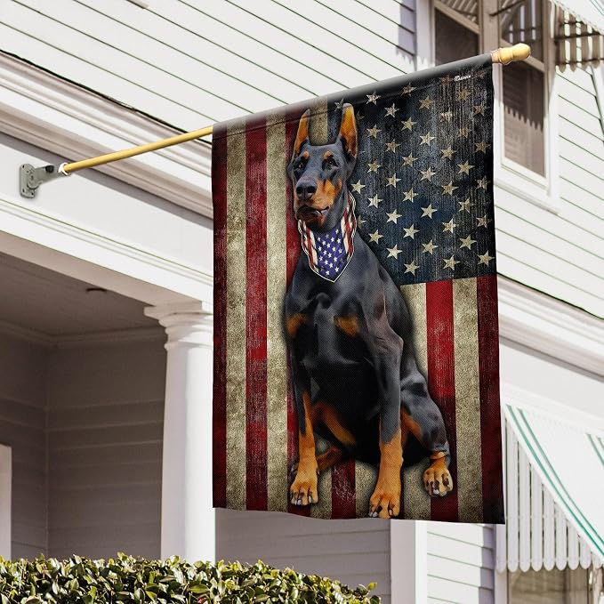 Doberman Pinscher Flag, American Patriot Dog Decorations - 4th of July Decorations for Home, Outside, House Flag 30x40 - Patriotic Dog Decor, Double Sided, Heavy Duty Canvas Flag Indoor Outdoor