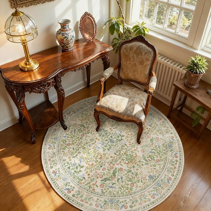 Washable Round Rugs for Bedroom 4ft: Living Room Rug Stain Resistant Non Slip Low Pile Ultra Soft Faux Wool Small Circle Rugs for Kitchen Entryway Nursery Dorm Home Office Bathroom Entrance Indoor