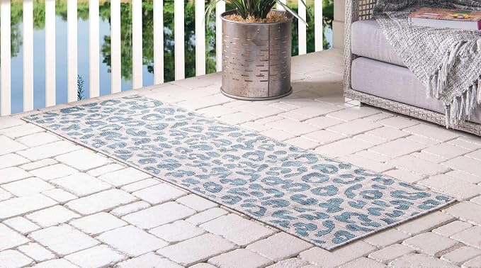 Unique Loom Outdoor Safari Collection Area Rug - Leopard (2' x 6' 1" Runner, Teal/ Ivory)
