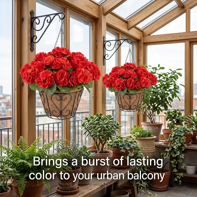 2 Pack Artificial Geraniums Flowers with Hanging Baskets,UV Resistant Silk Faux Red Geranium Flowers with Hanging Planters for Outdoor Patio Balcony Front Porch Garden Home Decor