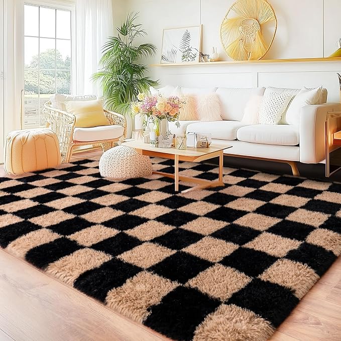 Checkered Rug 9x12 for Living Room, Ultra Fluffy Fuzzy Shag Large Area Rug for Bedroom, Modern Plush Soft Upgrade Non-Slip Carpet for Kids Girls and Boys Room Dorm Home Decor, Black and Beige
