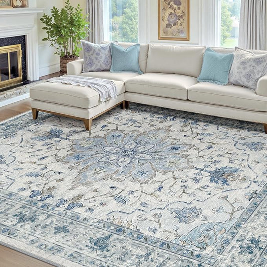 RELEANY Washable Area Rug, 8'x10', Blue/White/Gray | Non-Slip, Water Repellent, Pet Friendly, Easy to Clean, Vintage Floral Boho Decor for Living Room Bedroom Dining Room