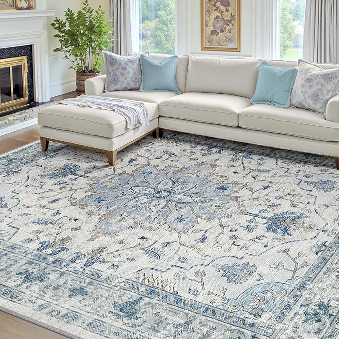 RELEANY Washable Area Rug, 7'x9', Blue/White/Gray | Non-Slip, Water Repellent, Pet Friendly, Easy to Clean, Vintage Floral Boho Decor for Living Room Bedroom Dining Room Office