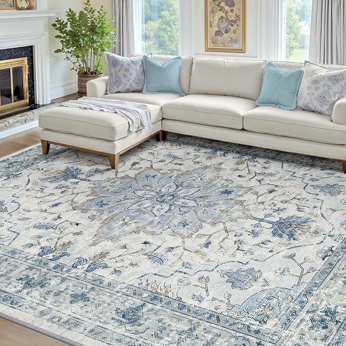 RELEANY Washable Area Rug, 7'x10', Blue/White/Gray | Non-Slip, Water Repellent, Pet Friendly, Easy to Clean, Vintage Floral Boho Decor for Living Room Bedroom Dining Room Office