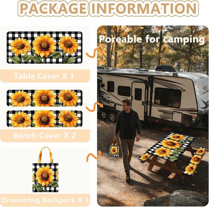 Picnic Table Cover with Bench Covers Elastic Edges, Outdoor Patio Camping Essentials 96 Inch 3PCS, Waterproof Camping Fitted Tablecloth with Handbags (Sunflower buffalo plaid)