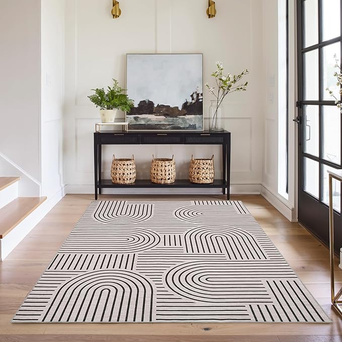 ROYHOME Modern Washable Rug Rainbow 3x5 Area Rugs for Living Room Non Slip | Abstract Rug for Bedroom, Throw Rugs with Rubber Back, Low Pile Stain Resistant Geometric Carpet for Playroom Dorm LightCamel