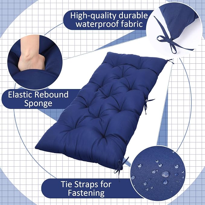 Wenqik Outdoor Bench Cushion 48 x 20 x 3 Inch Waterproof Patio Swing Cushion with Removable Zippered Cover Adjustable Ties Seat Pad for Porch Bench Garden Loveseat (Navy Blue, Classic)