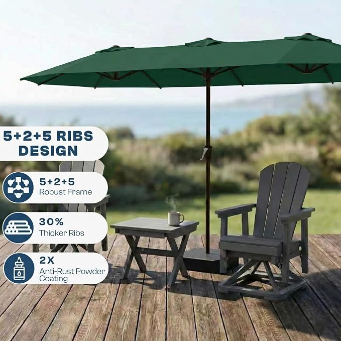 15FT Large Patio Umbrella with Base Included, Double Sided Outdoor Market Umbrella with Flexible Fiberglass Ribs, UV-Blocking Extra Large Umbrella for Garden, Pool, Deck, Forest Green
