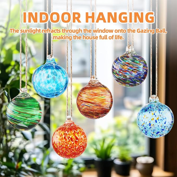 VOREEN 6-Pack Blown Glass Christmas Ornaments, 2.56" Handblown Hanging Glass Gazing Balls for Christmas Tree Decoration, Holiday Ornament Gift Set（Warm Amber & Holiday Tones）