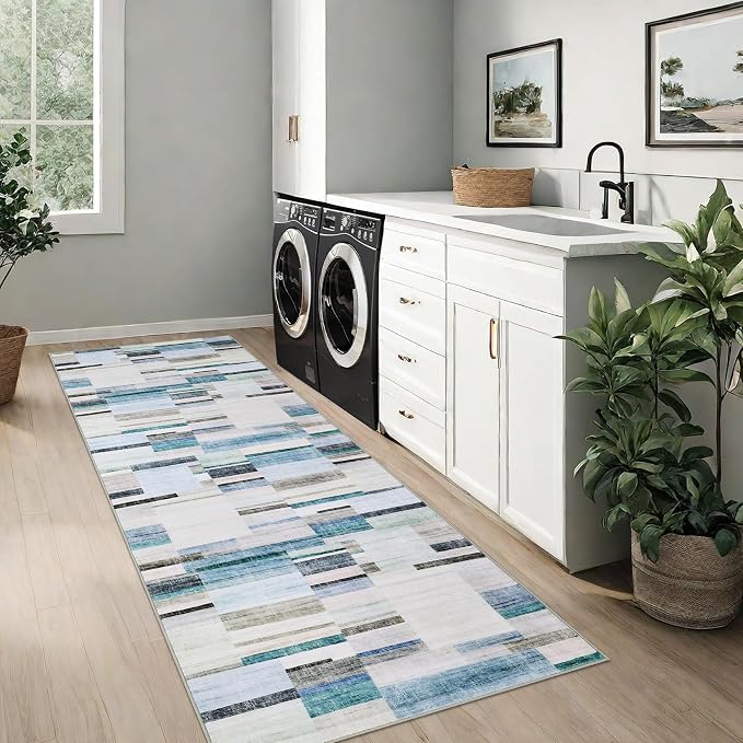 GarveeHome Washable Rug Runners for Hallways Non Slip 2x6 Modern Geometric Kitchen Rugs Farmhouse Entryway Rug Soft Bathroom Rugs Stain Resistant Carpet for Laundry Bedroom 2 ft x6 ft Blue