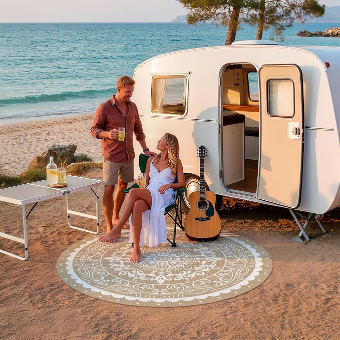 Pauwer Waterproof Outdoor Rug 6ft, Reversible Plastic Straw Patio Camping Rug, Indoor Outdoor RV Mat Carpet for Deck, Camper, Porch, Balcony, Backyard, Picnic, Paisley Brown