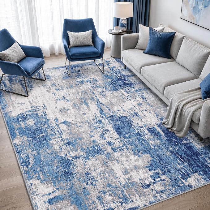 RELEANY Washable 5'x7' Abstract Area Rug for Living Room Blue Gray | Carpet for Bedroom, Kitchen, Office, Hallway and Entryway, Printed Pattern, Non‑Slip, Soft, Stain‑Resistant, Easy to Clean