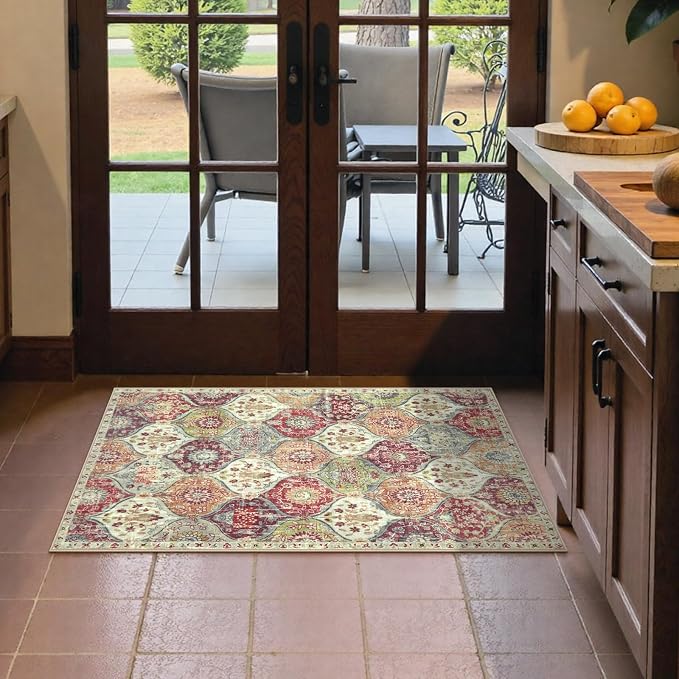 Lahome Washable Entryway Rug, 2x4 Kitchen Rugs for Entryway Bathroom | Non-Slip Indoor Door Mat Ultra-Thin, Small Oriental Throw Carpet for Bedroom Entry, Orange Terracotta