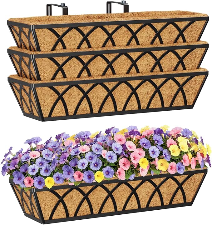HFHOME 24 inch Railing Planter Box - 4 Pack Metal Window Trough with Coconut Coir Liners, Flower Basket for Deck Railings Balcony or Porch to Display Plants and Flowers