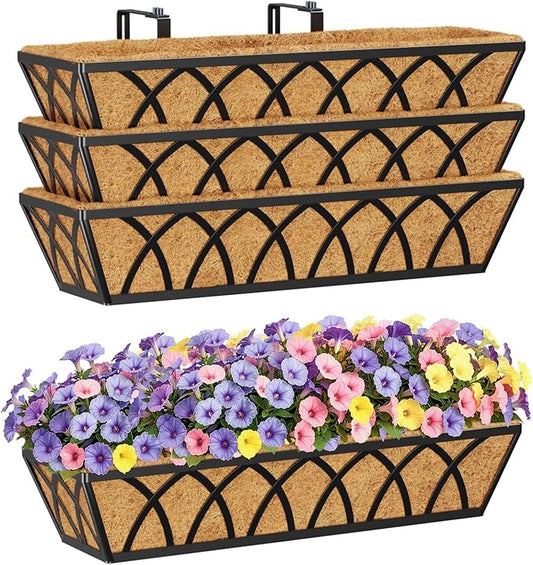 HFHOME 24 inch Railing Planter Box - 4 Pack Metal Window Trough with Coconut Coir Liners, Flower Basket for Deck Railings Balcony or Porch to Display Plants and Flowers