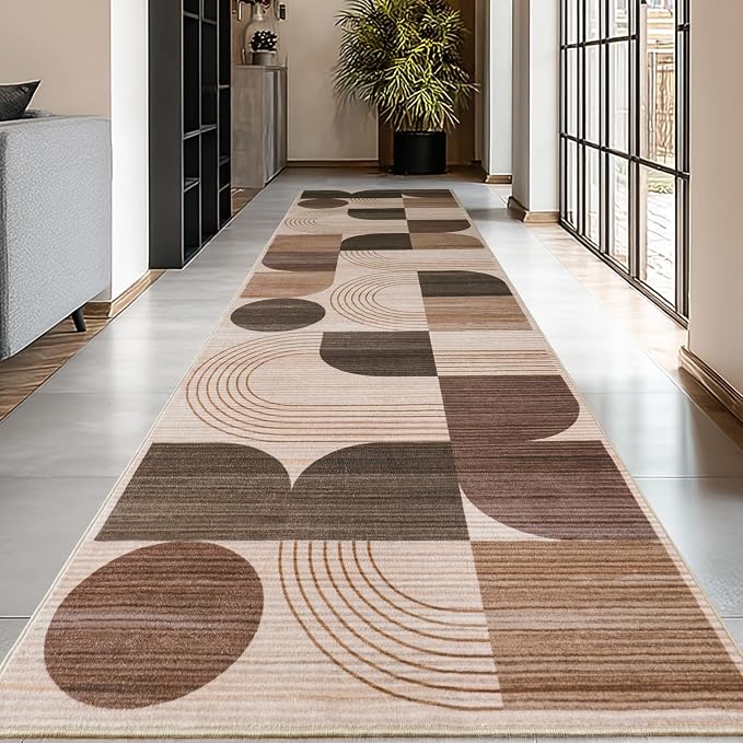 Soft Modern Geometric Abstract Machine Washable 2x6 Runner Rug | Brown Rugs for Bedroom Living Room, Non-Shedding Faux Wool Indoor Throw Floor Carpet for Office Entryway Dining Room Decor