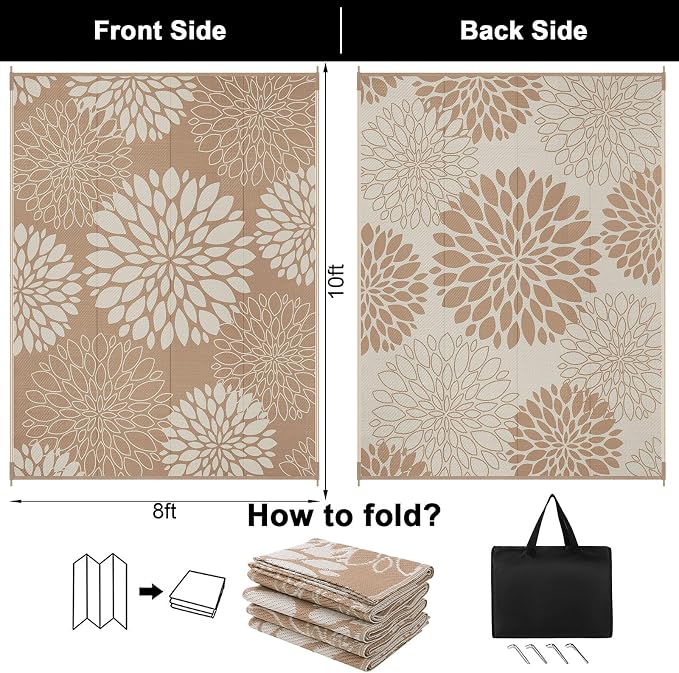 Ileading Waterproof Outdoor Rug 8x10, Reversible Plastic Straw Patio Rug, Portable Indoor Outdoor RV Camping Mat Carpet for Deck, Porch, Balcony, Backyard, Picnic, Floral Brown