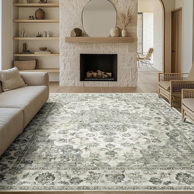 8x10 Green Neutral Area Rug | Washable, Non Slip, Soft Low Pile, Vintage Farmhouse, Large, for Living Room Bedroom Dining Room Office Indoor Home Decor