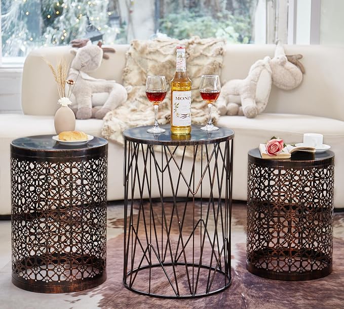 Y&M Set of 3 Stacking Coffee Table Side Table, for Living Room,Indoor End Tables for Bedroom, Outdoor Decorative Garden Stool with Heavy Duty Metal Frame Modern Industrial Decor - Black with Bronze