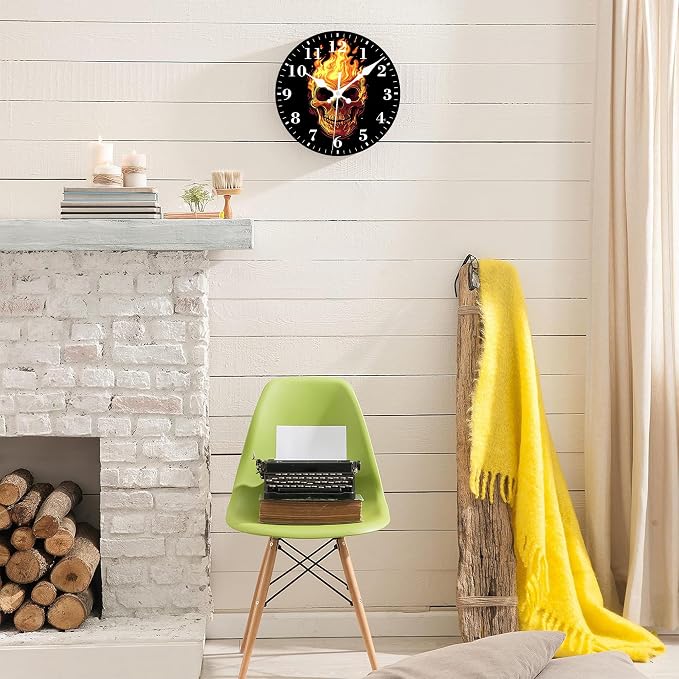 Wall Clock, Fire Skull Silent Non Ticking Battery Operated Round Decorative Indoor Outdoor Clocks for Living Room Kitchen Bedroom Bathroom Patio 12"
