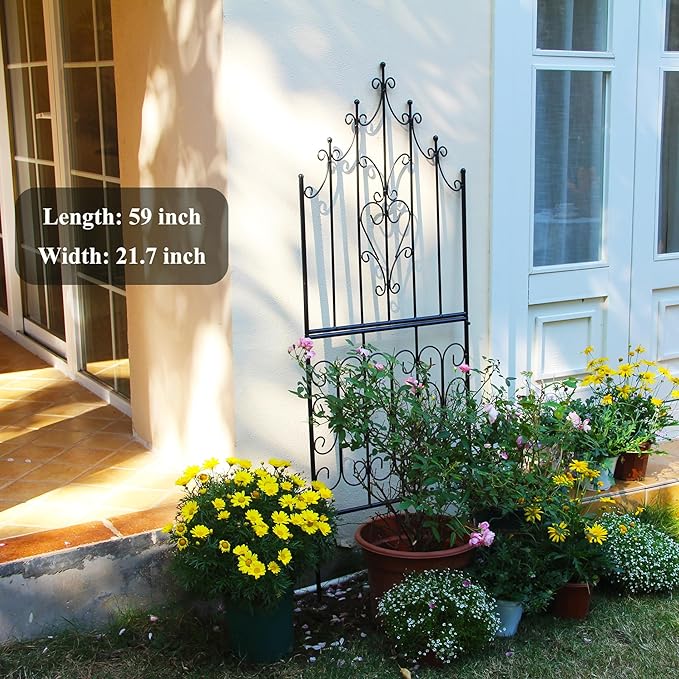 Garden Trellis 59" H x 21.6" W Iron Unique Design Metal Trellis Durable Construction Lattice Outdoor Roses Vine Ivy Clematis Trellises Climbing Plant Support Black Coating Black