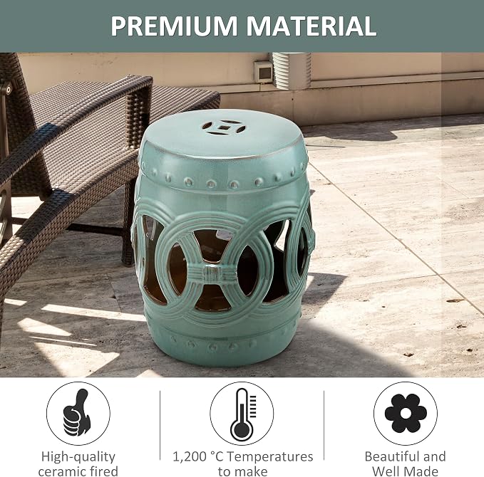 Outsunny 14" x 17" Ceramic Garden Stool with Double-Coin Knotted Ring Design & Strong Glazed Material, Decorative Outdoor Stool, Home Collection, Antique Blue