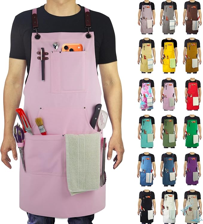 Kitchen, Work Apron, Canvas Apron, Pink | Multiple Pockets, Gardening, Painting, BBQ, Artist, Carpenter, Sizes M to XXL