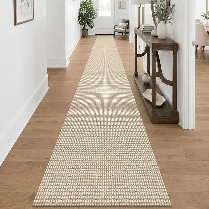 KOZYFLY Braided 2x20 Runners Rugs for Hallway, Extra Long Washable Runner Rug, Woven Non Slip Kitchen Runner, Cotton Entryway Rug, Floor Carpet for Entry, Aisle, Hall, Ivory/Camel/Brown